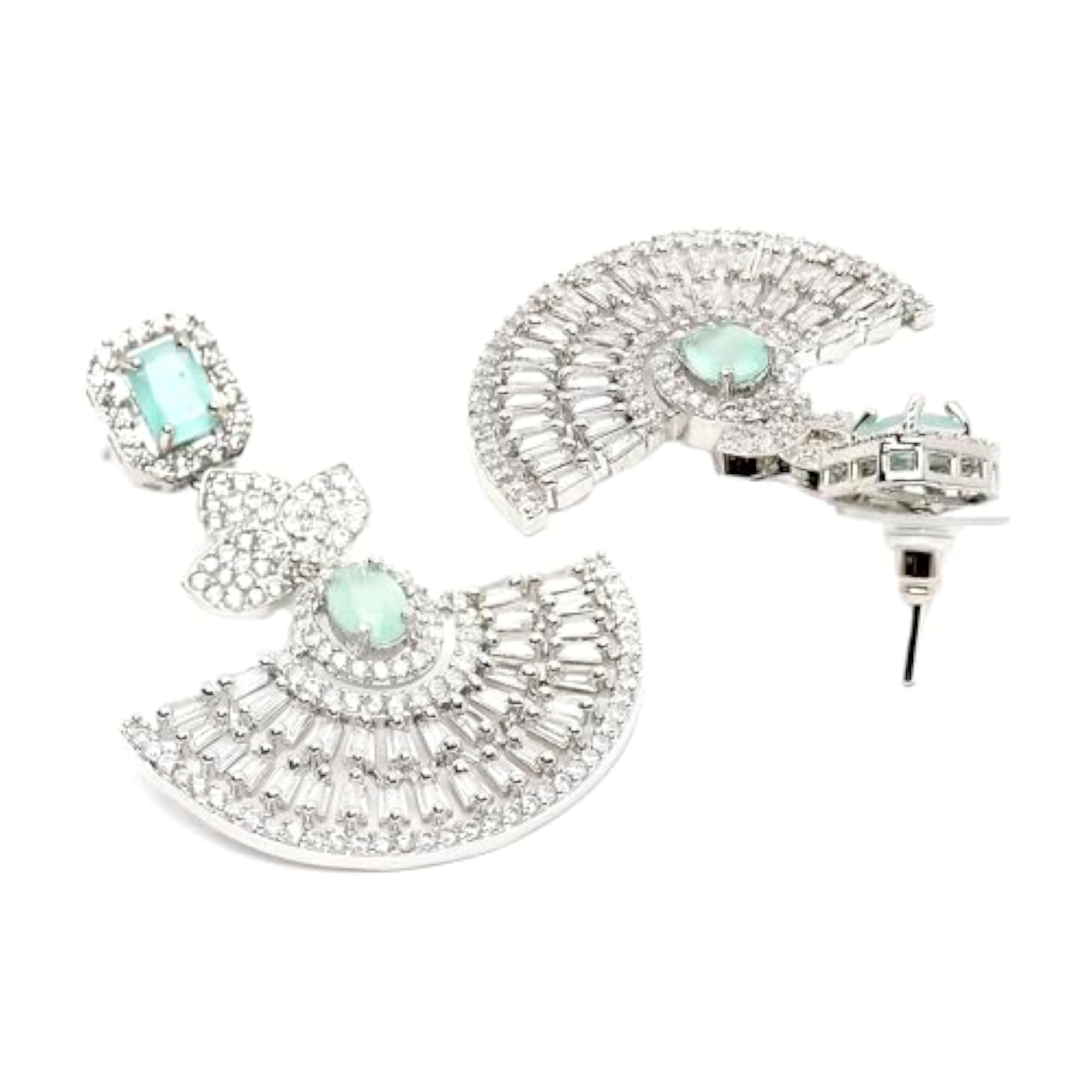 Leaf Shaped Drop Earrings with American Diamond in Rhodium Plating